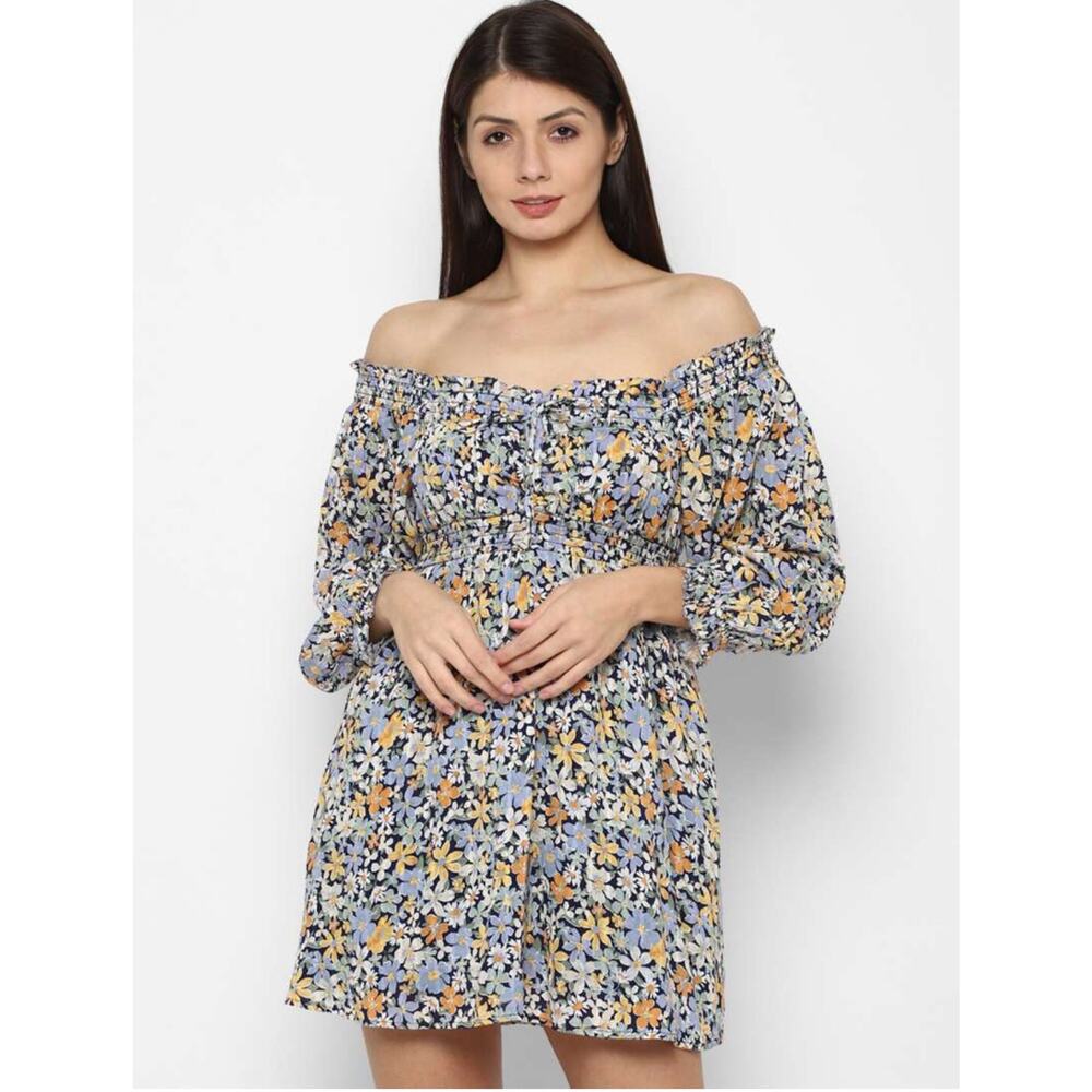 American Eagle Women’s Floral Off Shoulder A Line Mini Dress Size XS Boho Gypsy